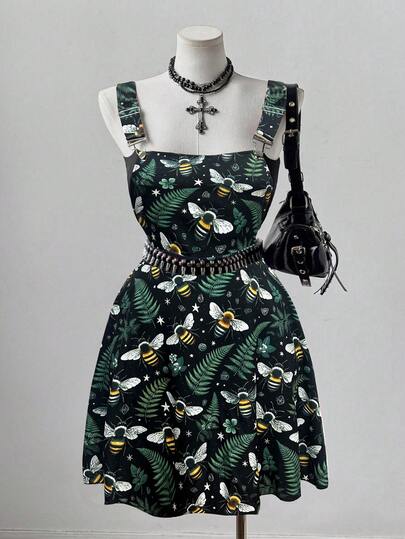 Sunspun 大码春夏深色花卉蜜蜂印花连身裙