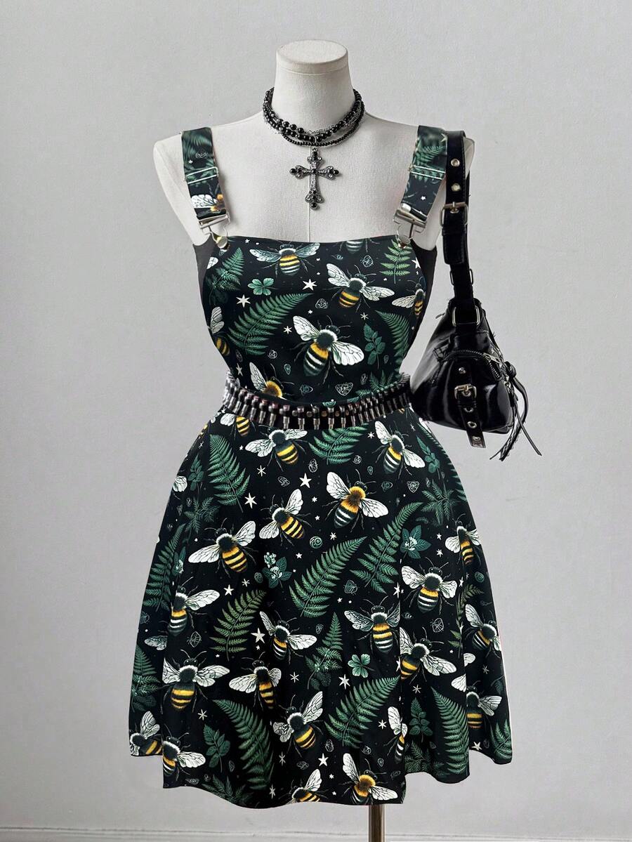 Sunspun Plus Size Spring/Summer Dark Floral & Bee Print Jumper Dress - Multicolor - View 1