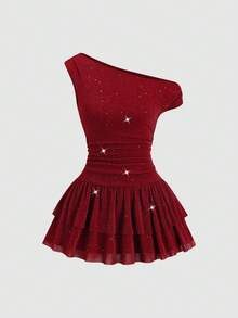 Olithes Women's Elegant Asymmetric Shoulder Glitter Fabric Ruffle Hem Mini Dress - Burgundy - View 1