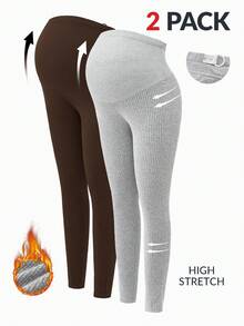 Modmama 2条装孕妇纯色基础款针织打底裤，休闲日常穿着 - 咖啡棕 - 查看 11
