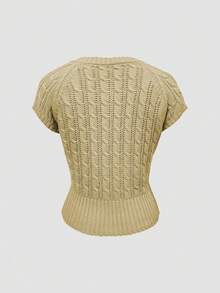 Chiquease Áo khoác cardigan nữ kiểu dáng vintage mới, tay ngắn, cài một hàng khuy. - Màu Mù tạt vàng - Xem 2
