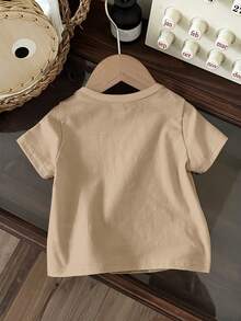 SHEIN 女宝宝休闲卡通图案短袖圆领上衣，适合夏季 - 卡其色 - 查看 2