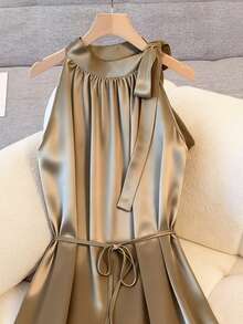 Franclia Women's Elegant Dresses, Halter Neck Dresses, Tie-Up Dresses, Commuter Dresses, Loose-Fitting Dresses, Belted Dresses, Full Skirt Dresses, Sleeveless Dresses, Glossy Dresses, Satin Dresses, Spring/Summer Dresses. - Champagne - View 3