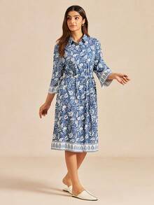 LUVLETTE Cotton Patterned Basic Blue Shirt Collar Button T-Shirt Dress Homewear Long Nightdress For Women Lingerie Pyjama - Blue - View 5