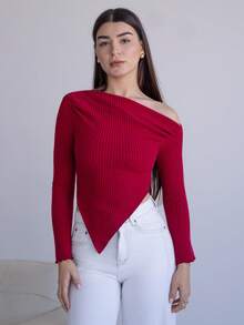 Andrea Bello Y2K Grunge Asymmetrical Neck Lettuce Trim Tee,Red Top - Red - View 1