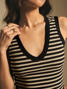 Poéselle 女士V领无袖修身条纹休闲背心，夏季百搭 - 彩色 - 查看 7