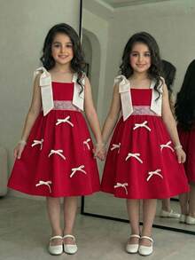 SHEIN Vestido de niña con contraste de color y lazo tejido - Blanco - Ver 7
