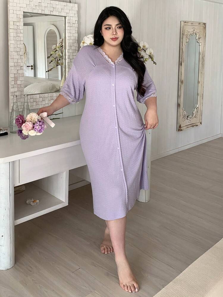 Dazy Plus Plus Size Women Lace Patchwork Single-Breasted Casual Everyday Nightgown Dress
