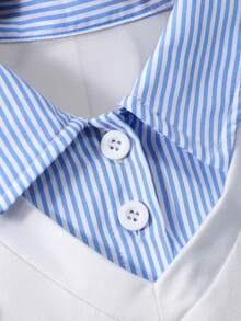 Elladie kids 两件套女童短袖衬衫格子裙套装，杏色衬衫饰有樱桃和字母印花，搭配格子迷你裙，甜美时尚的休闲夏季装扮 - 藍白色 - 查看 5