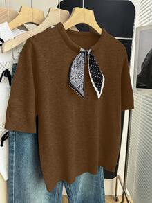 Franclia Coffee Brown,Autumn,Ellegant,Office French Chic Round Neck Short Sleeve Knit Blouse,Contrast Bow Collar Design Paisley & Polka Dot Ribbed Trim Top - Brown - View 8