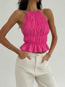 Aloruh Women's Adjustable Halter Tie Ruched Layered Semi-Sheer Romantic Date Cropped Camisole - Hot Pink - View 6