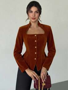 Firerie Elegant Coffee Brown Polyester Top With Unique Square Neck And Long Regular Sleeves Featuring Button Details - Coffee Brown - View 3