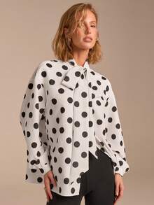 COSMINA Blouse élégante à manches longues et col ras-du-cou à pois pour femmes, polyvalente pour le travail, les sorties et les occasions, printemps - Noir et Blanc - Voir 1