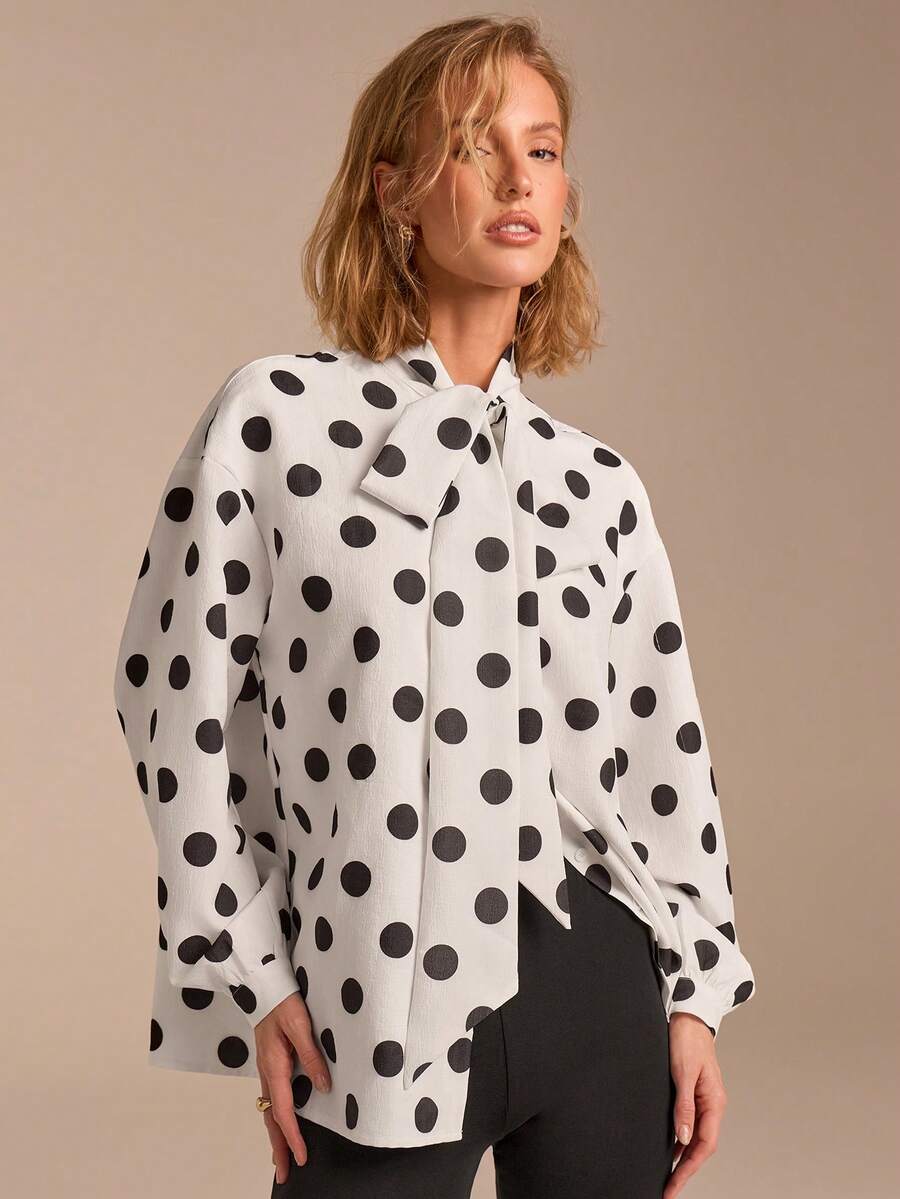 COSMINA Blouse élégante à manches longues et col ras-du-cou à pois pour femmes, polyvalente pour le travail, les sorties et les occasions, printemps - Noir et Blanc - Voir 1