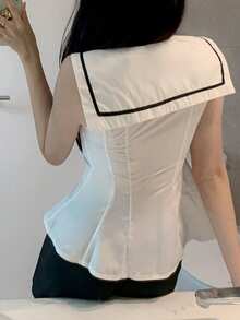 DAZY Navy Collar Sleeveless White Blouse For Women - White - View 3