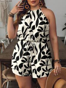 SHEIN CURVE+ Curve 尺码 US22 音乐节、海滨度假、波西米亚风女士度假植物印花休闲吊带连体裤短款连体裤可爱女式连身裤 - 黑與白 - 查看 6