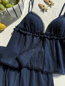 Comfortcana 大码纯色休闲蕾丝边两件套，夏季 - 藏蓝色 - 查看 11