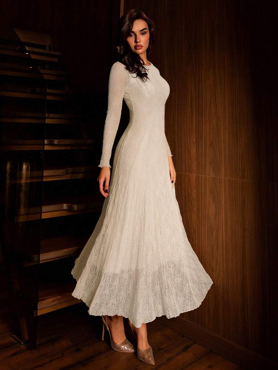 Modelyn 杏色女士蕾丝设计优雅喇叭连衣裙，适合外出、约会、晚宴等场合，中长款 - Pearl White - 查看 1