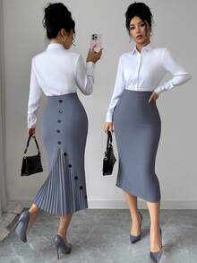 Elenzga Women's Elegant Fitted Pleated Pencil Skirt - Dark Grey - View 7