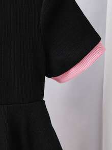 SHEIN Young Girls Solid Color Contrast Fitted Crop Back Cutout Organza Bow Decor Short Sleeve Belted Mini Dress, Fashionable French Elegant, Back To School, Y2K, Sweet & Cool Lady Black And Pink Dress Bow Birthday Dress For Girls Black And Pink Girls Twirl Dress Kids Clothes With Bows Bow Dress For Girls,Kids - Pink - View 7