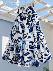 GlowEve Women's Blue & White Print Elastic Waist A-Line Flowy Skirt, Charming & Elegant For Daily, Vacation, Commute, Fashion Date, French Street, Retro, Spring/Summer, Blue & White Long Maxi/Skirt - Multicolor - View 6