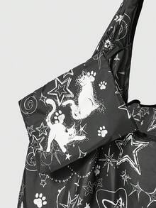 ROMWE Kawaii 时尚爱心和音符图案大容量可折叠手提包，带零钱包，便携购物袋 - 黑色手繪貓咪 - 查看 4
