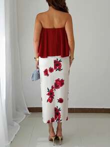 Franclia Fiery Red Floral Print Long A Line Dress For Women Elegant Sleeveless With Ruffle Asymmetrical Neck And Flared Hem Design - Fiery Red - View 2