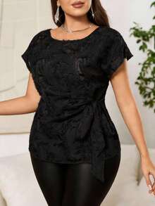 Reflora Plus Size Women's Solid Color Round Neck Cap Sleeve Side Tie Blouse - Black - View 6