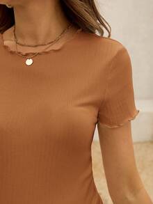 SHEIN Áo bầu tay ngắn ôm sát, viền gân, kiểu bèo nhún - màu nâu - Xem 3