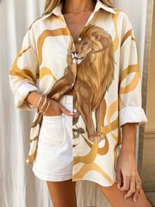 INAWLY Camisa de manga larga con botones y estampado de león para uso diario casual de mujer - Amarillo - Ver 4