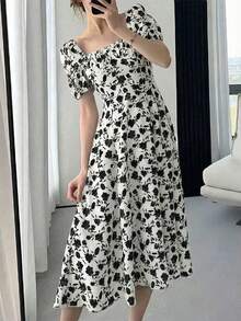 INAWLY Floral Print Square Neck Ruched Bust Elegant Short Sleeve Dress - White - View 2
