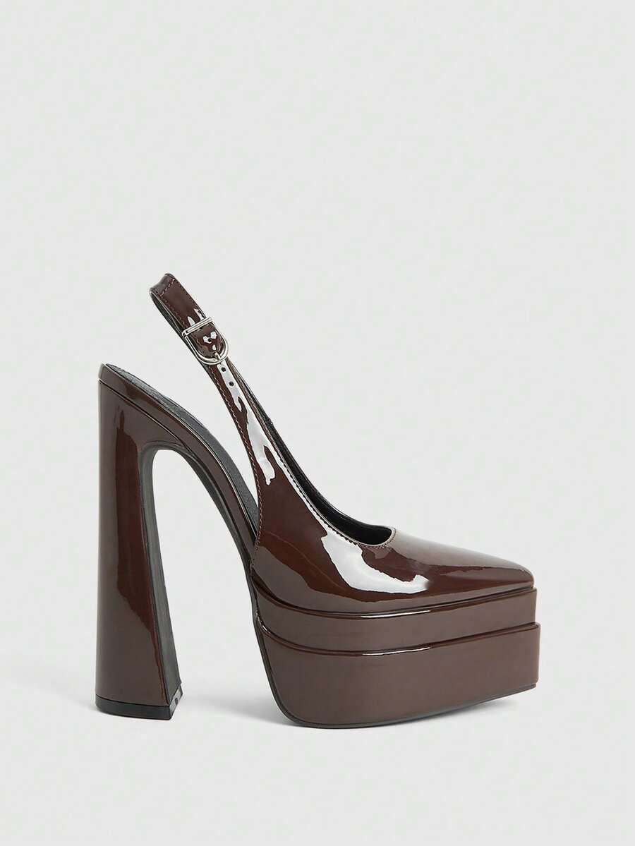 CUCCOO LuxiPop 女士户外尖头粗跟双层防水PU轻薄面料时尚简约舒适日常派对宴会搭扣式露跟鞋 - 漆皮 棕色 - 查看 1