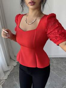 SHEIN Clasi Women's Elegant Rose Flower Applique Puff Sleeve Ruffle Hem Blouse, Summer - Red - View 4