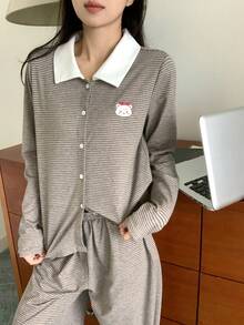 DAZY Ensemble de pyjama pour femme avec imprimé ours de bande dessinée, rayures et couleurs contrastées au col - Vert - Voir 12