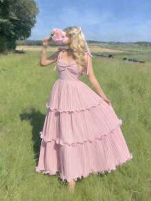 SHEIN MOD 女士纯色扭结褶皱肩部打结设计优雅收腰长款派对连衣裙 - 粉色 - 查看 1