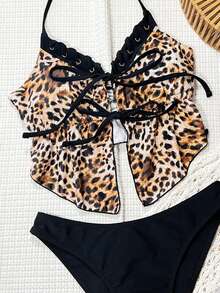 Swim SXY-D Leopard Print Random Pattern Metal Ring Tie Front Drawstring Knotted Halter Deep V Sexy Casual Beach Tankini Two Pieces Swimwear For Women - Multicolor - View 3