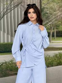 Veilorie Women's Elegant Casual Vacation Daily Commute Simple Solid Color Drawstring Tie Long Sleeve Shirt And Wide Leg Pants 2-Piece Set, Spring/Autumn - Blue - View 7