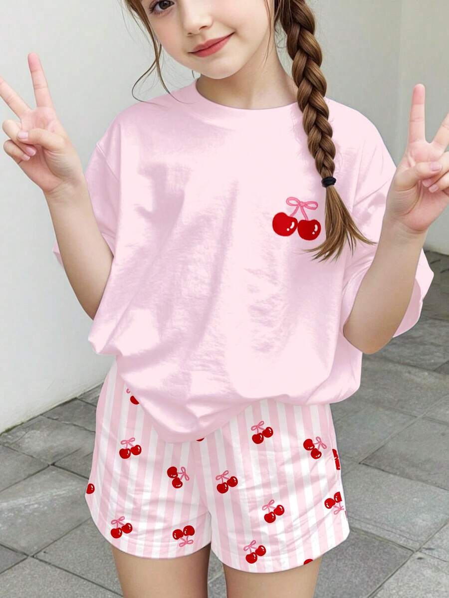 Tween Girls' Casual Cherry Print Dropped Shoulder Loose T-Shirt And Striped Shorts Set, Summer - White - View 1