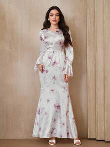 Graceveil Bộ đồ 2 mảnh dành cho nữ, gồm áo và chân váy tay loe in hoa thanh lịch, thích hợp cho mùa thu. - Nhiều màu - Xem 4