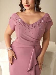 Coutiva Plus Size Elegant Dusty Pink Rhinestone High Slit Ruffle Hem Mother Of The Bride Dress,Summer Bridesmaid Gown,Formal Wedding Evening Gowns For Ladies - Mauve Purple - View 6
