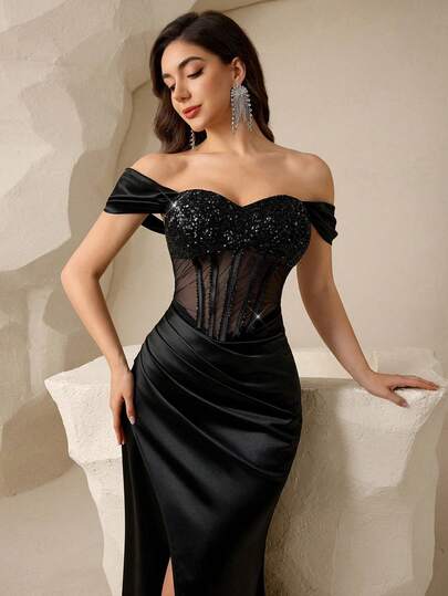 Coutiva Women's Solid Color Sequin Off-Shoulder Pleated Fitted Formal Evening Gown