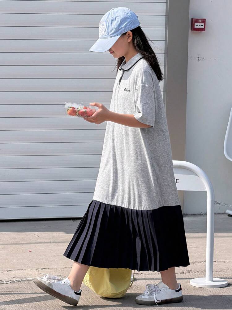 Tween Girls' Casual Colorblock Pleated Hem Letter Embroidery Dress, Summer