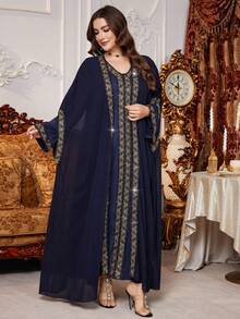 Al Najma Navy Blue Summer Modest Muslim Wedding Al-Adha Abaya Kaftan Jalabiya Dress,Patchwork Ribbon Trim Loose Chiffon Cardigan,Plus Size Women Long Robe - Navy Blue - View 7