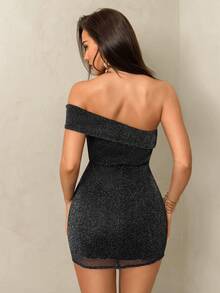 Glamine Vestido de cóctel elegante para mujer, con hombro asimétrico, ajustado y brillante, para otoño/invierno - Negro - Ver 2