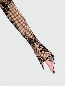 Breakform Áo nữ phong cách Gothic tối màu, phối lưới mềm mại, cổ tròn, tay dài, ôm sát, gợi cảm, thích hợp cho đi chơi hàng ngày và các lễ hội. - Màu be - Xem 7