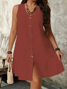 SHEIN PETITE Vestido de tela texturizada con cuello en V sin mangas para tallas grandes - Rojo - Ver 5