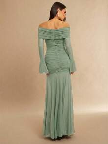 Silquee Solid Color Off Shoulder Ruched Fitted Elegant Long Sleeve Dress - Mint Green - View 2