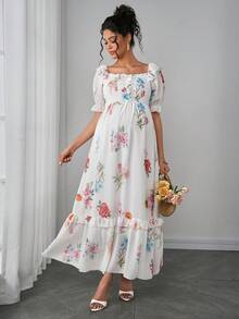 Momance Đầm bầu dáng ngắn cổ vuông tay cánh hoa in hoa, phong cách nghỉ hè. - Nhiều màu - Xem 1