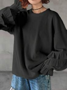 FRIFUL Women's Solid Color High Gram Weight Ribbed Fabric Round Neck Dropped Shoulder Long Sleeve Textured Fabric Cuff Gathered Sleeve Frill Trim Loose Casual Versatile T-Shirt - Black - View 4
