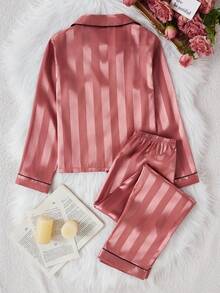 Elegant High-End Girls Pajamas, Tween Girls Minimalist Dark Pink Striped Long Sleeve Cardigan And Long Pants 2 Pieces Sleepwear Set Satin Pajamas Set - Multicolor - View 2